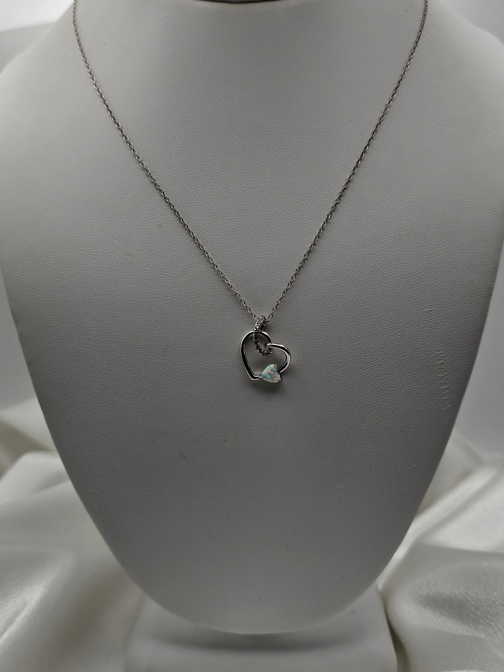 Sterling Silver 925 Open Heart Pendant Necklace with Opal Accent